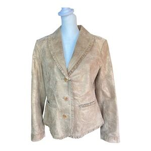 Bernardo Women’s Tan Shimmery Ruffle Trim Button LEATHER Blazer Jacket Sz Small